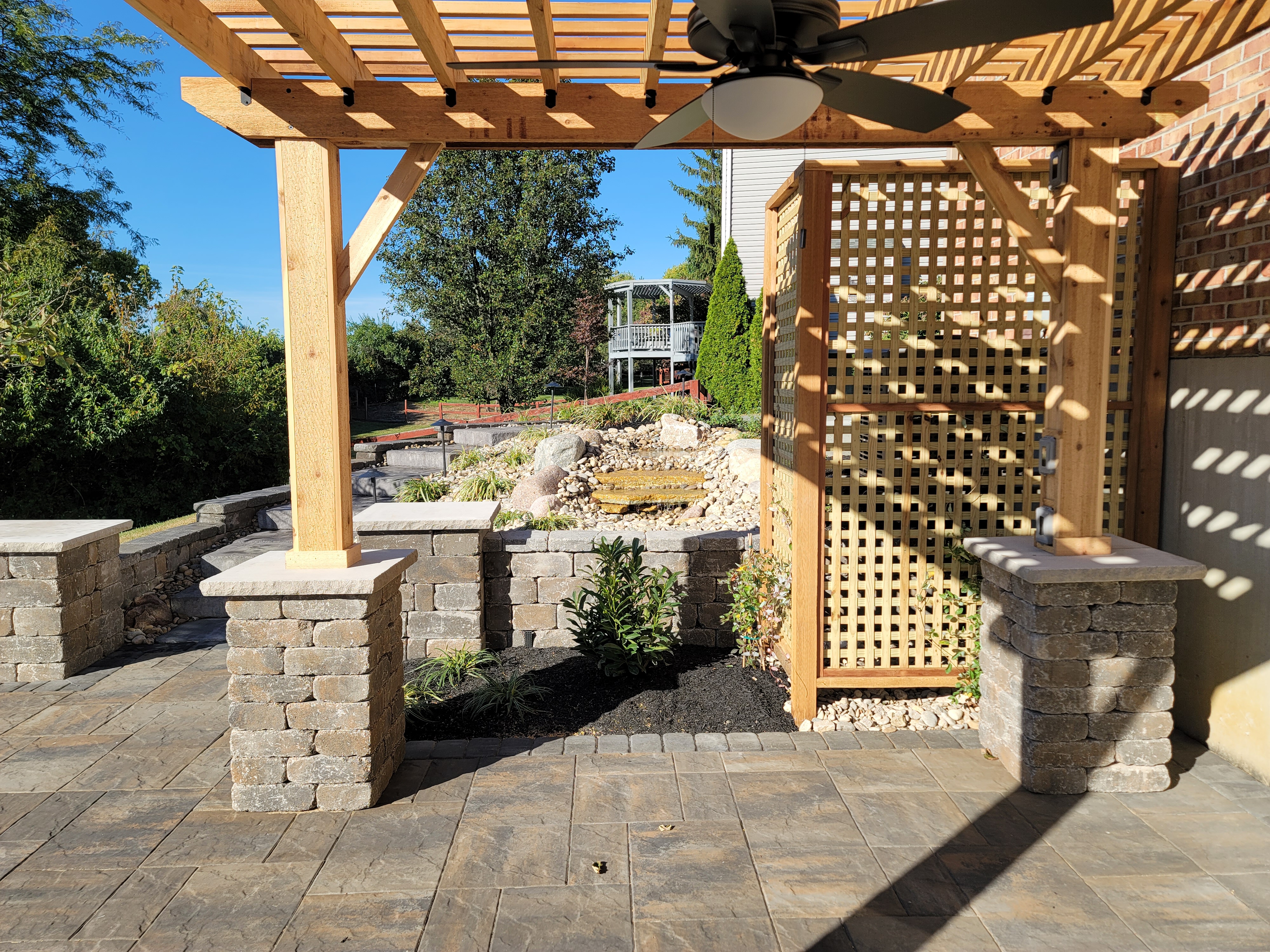 Back patio with a pergola 